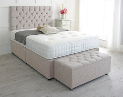 Adore Designs Chesterfield Chenille Divan Bed, With Pocket Mattress & Ottoman Storage Box - 4Ft6 Double - Stone - 2 Drawers Foot End