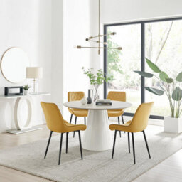 Furniturebox Uk Palma Beige Stone Effect Round Dining Table & 4 Mustard Pesaro Black Leg Chairs