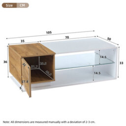 BTM Coffee Table 105X50X33Cm, High Gloss Centre Table With Led   Open Storage, 1 Door, White Wood, Mdf Glass - thumbnail 9