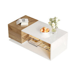 BTM Coffee Table 105X50X33Cm, High Gloss Centre Table With Led   Open Storage, 1 Door, White Wood, Mdf Glass - thumbnail 7