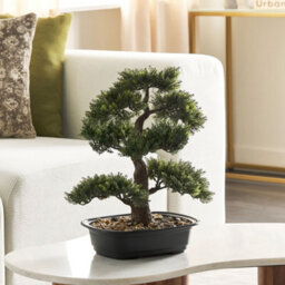 Beliani 44Cm Lifelike Artificial Bonsai Tree In Cement Pot, Green And Black Foliage - thumbnail 2