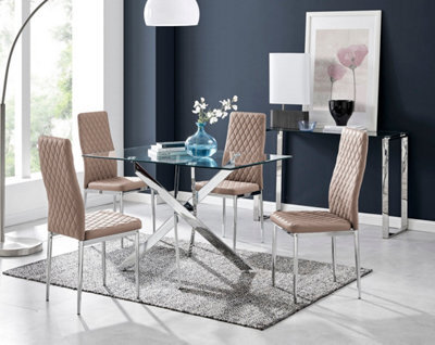 Furniturebox Leonardo 4 Seat Rectangular Glass Dining Table With Silver Metal Legs & 4 Beige Milan Faux Leather Silver Leg Chairs - image 1