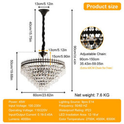 Vrygle 9-Lights Modern Crystal Chandelier Raindrop Luxurious Black Finish Farmhouse Pendant Ceiling, 60Cm - thumbnail 2