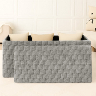 Home Republic Silver Chunky Popcorn Faux Rabbit Fur Storage Ottoman 76Cm X 38Cm