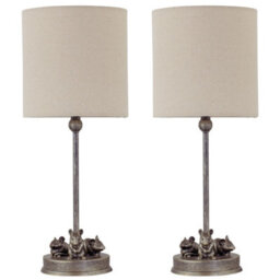 First Choice Lighting Set Of 2 Maurice - Antique Gold Mouse Table Lamps Oatmeal Linen Shade