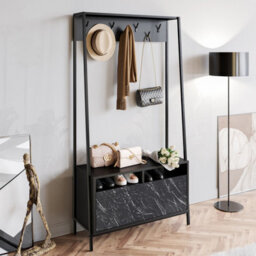 Decorotika Devin Hall Tree Coat Stand Coat Rack With 7 Metal Hooks Black & Black Marble Effect - thumbnail 2