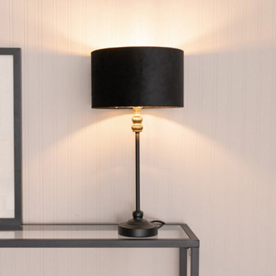 Valuelights Maggie Black Candlestick Table Lamp With Black Velvet And Gold Inner Lamp Shade And Led Bulb - image 1