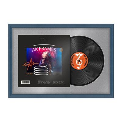 "AK Frames 25X17"" Navy Blue Classic Vinyl Record Frame With Mid Grey Mount For 12 Inch Lp Cover & Disc - Overlapped Design" - image 1