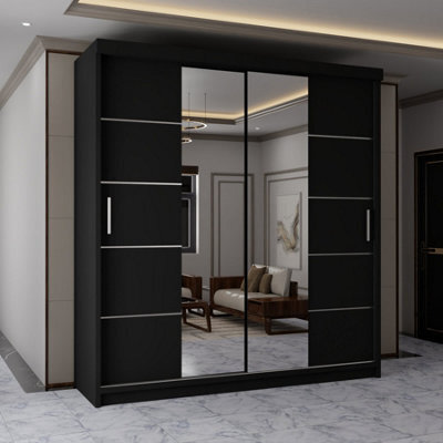 Sliding Wardrobes 4 u LTD Sliding Wardrobes 4U Evora Modern Sliding Mirror Door Wardrobe With Shelves & Rails In White, Black & Grey (Black, 180Cm) - image 1