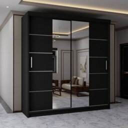 Sliding Wardrobes 4 u LTD Sliding Wardrobes 4U Evora Modern Sliding Mirror Door Wardrobe With Shelves & Rails In White, Black & Grey (Black, 180Cm) - thumbnail 1
