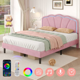 Btm 4Ft6 Double Upholstered Bed With Shell Shape Headboard Led Lighting Velvet Frame Solid Wood Slats Pink No Mattress - thumbnail 1
