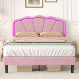 Btm 4Ft6 Double Upholstered Bed With Shell Shape Headboard Led Lighting Velvet Frame Solid Wood Slats Pink No Mattress - thumbnail 4