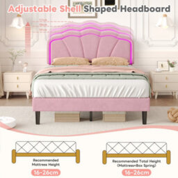 Btm 4Ft6 Double Upholstered Bed With Shell Shape Headboard Led Lighting Velvet Frame Solid Wood Slats Pink No Mattress - thumbnail 7