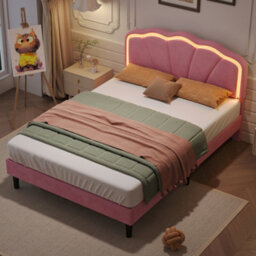 Btm 4Ft6 Double Upholstered Bed With Shell Shape Headboard Led Lighting Velvet Frame Solid Wood Slats Pink No Mattress - thumbnail 2