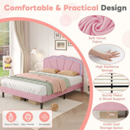 Btm 4Ft6 Double Upholstered Bed With Shell Shape Headboard Led Lighting Velvet Frame Solid Wood Slats Pink No Mattress - thumbnail 5
