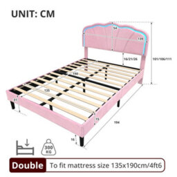 Btm 4Ft6 Double Upholstered Bed With Shell Shape Headboard Led Lighting Velvet Frame Solid Wood Slats Pink No Mattress - thumbnail 8