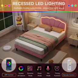 Btm 4Ft6 Double Upholstered Bed With Shell Shape Headboard Led Lighting Velvet Frame Solid Wood Slats Pink No Mattress - thumbnail 6