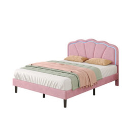 Btm 4Ft6 Double Upholstered Bed With Shell Shape Headboard Led Lighting Velvet Frame Solid Wood Slats Pink No Mattress - thumbnail 9