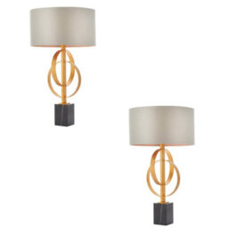 2 Pack Antique Gold Table Lamp & Mink Satin Shade - Black Marble Base Desk Light