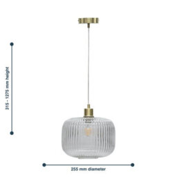 First Choice Lighting Batley Large - Clear Ribbed Glass With Satin Brass Pendant Fitting - thumbnail 8