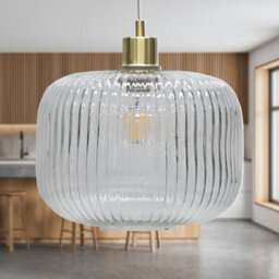 First Choice Lighting Batley Large - Clear Ribbed Glass With Satin Brass Pendant Fitting - thumbnail 3