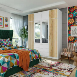Bali Lux 4 Door Wardrobe With Mirrors Decorative Slats Spacious Closet For Bedroom Hallway White With Oak Wotan With Extension