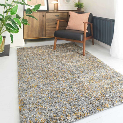 Loomed Super Soft Ochre Yellow Grey Mottled Shaggy Area Rug 60X110Cm - image 1