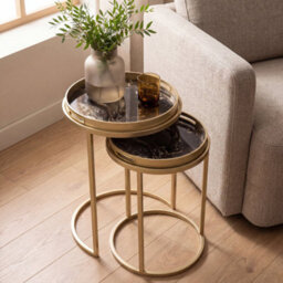 Maison Des Cadeaux Golden Nesting Table Set With Decorative Marble Effect Glass Top - thumbnail 8