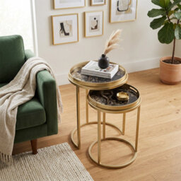 Maison Des Cadeaux Golden Nesting Table Set With Decorative Marble Effect Glass Top - thumbnail 4
