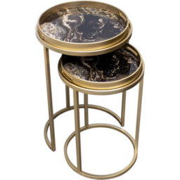Maison Des Cadeaux Golden Nesting Table Set With Decorative Marble Effect Glass Top - thumbnail 1