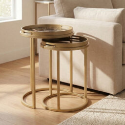 Maison Des Cadeaux Golden Nesting Table Set With Decorative Marble Effect Glass Top - thumbnail 6