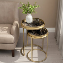 Maison Des Cadeaux Golden Nesting Table Set With Decorative Marble Effect Glass Top - thumbnail 2