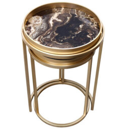 Maison Des Cadeaux Golden Nesting Table Set With Decorative Marble Effect Glass Top - thumbnail 3