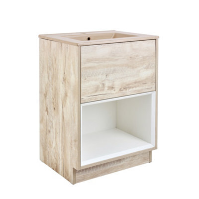 Homestylestore Light Oak 612mm Bathroom Vanity Unit Led Lit Open Shelf And Sand Basin - image 1
