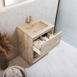Homestylestore Light Oak 612mm Bathroom Vanity Unit Led Lit Open Shelf And Sand Basin - thumbnail 2