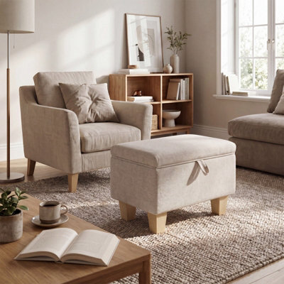 Thehotsale Linen Upholstered Storage Ottoman With Lift-Up Lid 49Cm W, Beige - image 1