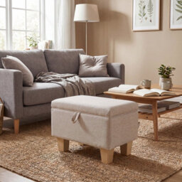 Thehotsale Linen Upholstered Storage Ottoman With Lift-Up Lid 49Cm W, Beige - thumbnail 2