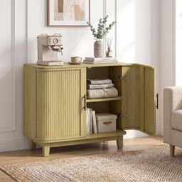 Homcom 80Cm Modern Sideboard With 2 Curved Doors And Adjustable Shelf, Oak - thumbnail 2