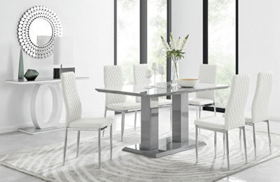 Furniturebox Imperia Grey High Gloss 6 Seater Dining Table With Structural 2 Plinth Column Legs 6 White Stitched Faux Leather Milan Chairs - image 1