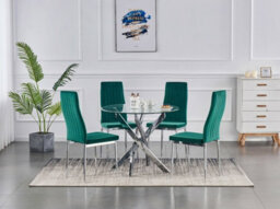 Furnizone UK Rolex 4-Seater 100Cm Round Clear Glass Dining Table And 4 Monza Green Velvet Chairs