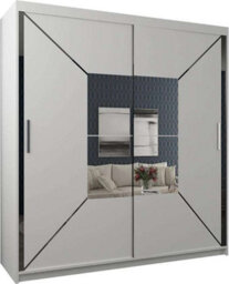 Sliding Wardrobes 4 u LTD Modern Bedroom Cabinet Sliding Wardrobe With Led Light And Central Mirror Double Door Design In White, Black & Grey - White 203Cm - thumbnail 2