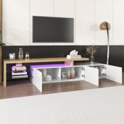 HomeTouch White High Gloss Wooden Tv Stand Tv Cabinet Unit With Large Storage And Led Lighting Glass Shelves - thumbnail 2