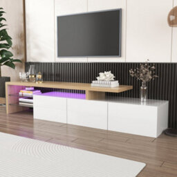 HomeTouch White High Gloss Wooden Tv Stand Tv Cabinet Unit With Large Storage And Led Lighting Glass Shelves