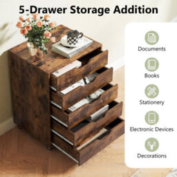 Gainoom 5 Drawer Brown Chest Rolling Dresser Storage Cabinet Under Desk Filing Cabinet With Lockable Wheels - thumbnail 8