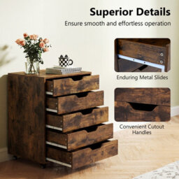 Gainoom 5 Drawer Brown Chest Rolling Dresser Storage Cabinet Under Desk Filing Cabinet With Lockable Wheels - thumbnail 6