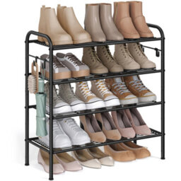 LEDREM Shoe Rack, 4-Tier Shoe Organizer, Metal Shoe Shelf Storage With 4 Side Hooks, Holds 16 Pairs Of Shoes,ink Black - thumbnail 3