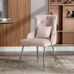 Btm Button Pattern Upholstered Dining Armchair With Metal Legs & Lumbar Cushion, Pink
