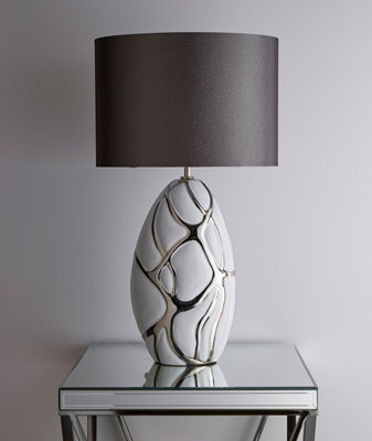 K Living Tall White With Silver Table Lamp In A Ceramic Finish And Dark Grey Lampshade Pebble Style Base Finish - image 1