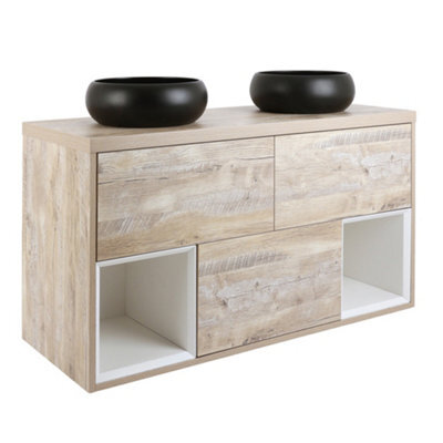 Homestylestore Light Oak 1200mm Led Lit Wall Hung Bathroom Vanity Unit Round Graphite Countertop Basins Open Shelves - image 1