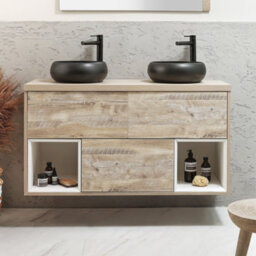 Homestylestore Light Oak 1200mm Led Lit Wall Hung Bathroom Vanity Unit Round Graphite Countertop Basins Open Shelves - thumbnail 2